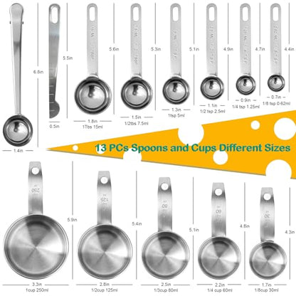 Measuring Cups and Spoons Set of 13, Stainless Steel 5 Nesting Measure Cups Set & 6 Measuring Spoons Set & 1 Leveler +1 Spoon Clip - Kitchen Baking Tools for Cooking.
