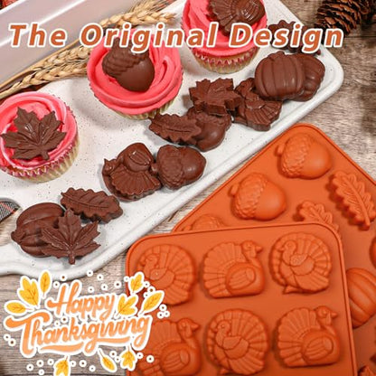 Webake The Original Thanksgiving Silicone Molds with Turkey, Pumpkin, Fall Leaf, Acorn Shapes, 2 Pack Turkey Mold for Candy, Cupcake Decorations, Thanksgiving, Halloween Fall Harvest Baking - style: Turkey