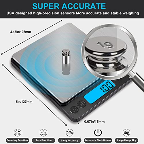 Small Digital Gram Scale 1000g by 0.01g, MEIYA High Accuracy Scale for Food Ounces and Grams, Upgrade USB Charging Kitchen Scale Digital Weight for Cooking, Baking, with Tare Function, 9 Units, 2 Tray - color: Black