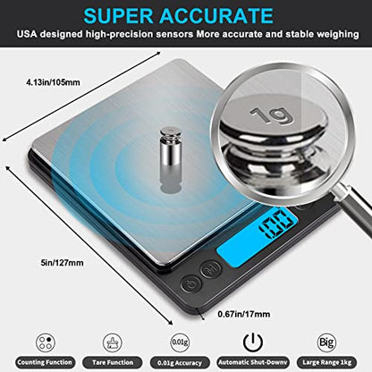 Small Digital Gram Scale 1000g by 0.01g, MEIYA High Accuracy Scale for Food Ounces and Grams, Upgrade USB Charging Kitchen Scale Digital Weight for Cooking, Baking, with Tare Function, 9 Units, 2 Tray - color: Black