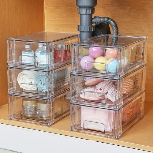 Vtopmart 10 Pack Stackable Storage Drawers,Clear Acrylic Drawer Organizers with Handles, Easily Assemble Containers for Fridge, Bathroom,Kitchen Undersink,Cabinet,Pantry Organization and Storage - size: 10Pack 4.4"H-with Dividers
