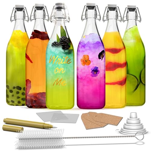 Nevlers 33 Oz Round Swing Top Glass Bottles with Airtight Lid 6 Pack | Flip Top Glass Bottle Set with Shrink Wrap, Funnel, Brush, Tags & Marker | Kombucha Bottles with Stoppers | Large Beer Bottle - style: Round