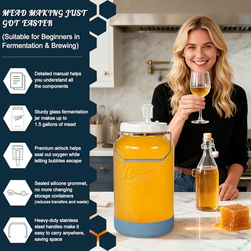 2 Pack 1.5 Gallon Large Fermentation Jars with Airtight Lids & Airlocks, Wide Mouth Glass Mason Jar for Mead Making, Brewing - 100% Leak-proof Pickle jars Kimchi Container with Handles & Bases