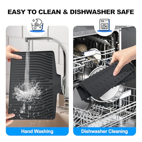 Silicone Dish Drying Mat for Kitchen Countertops and Sinks,19 x13.7 Inch Non Slip Heat Resistant Mat with Built In Drainage System,For Refrigerator and Drawer Liners (black, 19 x13.7 Inch) - color: Black
