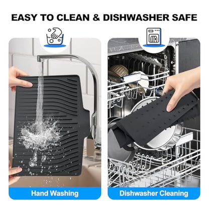 Silicone Dish Drying Mat for Kitchen Countertops and Sinks,19 x13.7 Inch Non Slip Heat Resistant Mat with Built In Drainage System,For Refrigerator and Drawer Liners (black, 19 x13.7 Inch) - color: Black