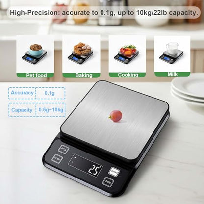 Waterproof Digital Kitchen Scale 0.001oz/0.1g Precision, Stainless Steel Electronic Scale with 3 Power Options (Rechargeable/AAA/Built-in), 10 Units Conversion, Smart Standby, 22lb/10kg Capacity - size: 22lb