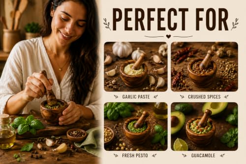 Handmade Wooden Mortar & Pestle Set Natural Rustic Style Herb Spice Grinder Masala Mixer Manual Kharal Mashing Bowl Seasonings Pill Crusher Kitchen Utensils Birthday Housewarming Gift Ideas
