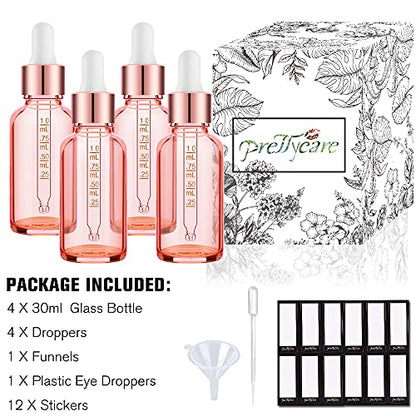 PrettyCare 4 Pack 1oz Dropper Bottles for Essential Oils with Labels, Funnel & Measured Pipettes, 30 ml Leak Proof Rose Glass Essential Oils Bottles- Empty Tincture Bottles for Personal Care & Beauty - color: 1oz Rose, style: 4 Pack