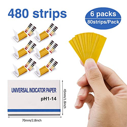 6 Pack pH Test Papers 480 Strips Litmus Paper Full Range 1-14 | pH Test Strips Soap Making Testing for Water Wine Saliva Urine Soil, pH Strips 6 Test Pipette Droppers with Storage Case