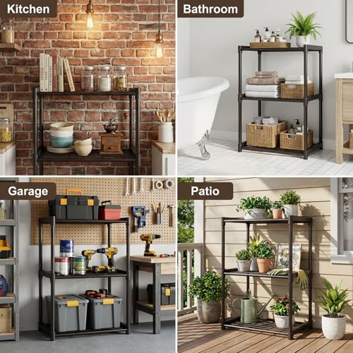 3-Tier Storage Shelves with Plastic Connectors – Metal Shelf Organizer for Pantry, Closet & Bathroom, Space-Saving Sturdy Shelving Unit Rack, Black, 17.3" x 12.8" x 28.9" - size: 17.3" x 12.8" x 28.9"(3T)