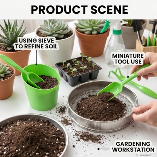 Stainless Steel Soil Sieve Set – 5 Interchangeable Mesh Screens (1/3/6/9/12mm) with Bonsai Scoop & Stainless Steel Trowel, Potting, and Seed Starting and 4-Piece Plastic Bonsai Scoop