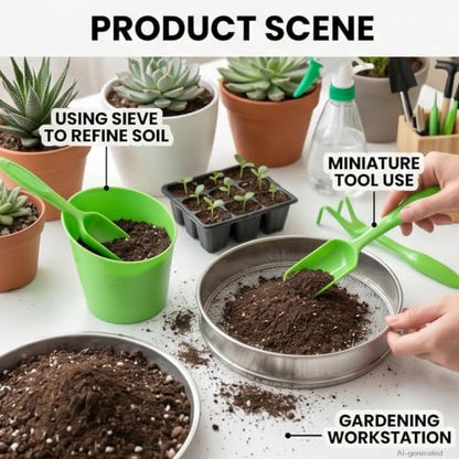 Stainless Steel Soil Sieve Set – 5 Interchangeable Mesh Screens (1/3/6/9/12mm) with Bonsai Scoop & Stainless Steel Trowel, Potting, and Seed Starting and 4-Piece Plastic Bonsai Scoop