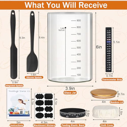 Sourdough Starter Jar Glass, 34 Oz DIY Wide-mouth Pro Sourdough Starter Jar Kit with Silicone Spatula,Cholkboard Sign, hermometer,Feeding Band,cloth cover, Reusable Sourdough Bread Baking Supplies. - color: ガラス