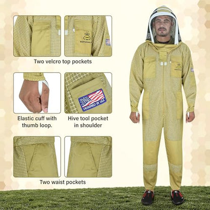 3-Layer Ultra Ventilated Mesh Beekeeping Suit for Men & Women with Veil Sting-Proof Bee Suit with Leather Gloves & Bag - color: Brown, size: 3X-Large