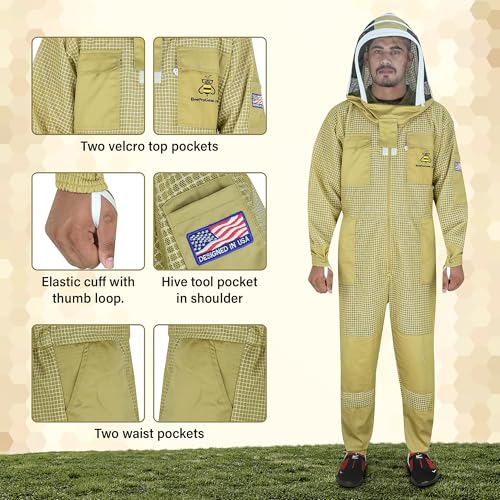 3-Layer Ultra Ventilated Mesh Beekeeping Suit for Men & Women with Veil Sting-Proof Bee Suit with Leather Gloves & Bag - color: Brown, size: Large
