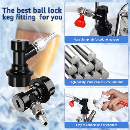 2 PCS Ball Lock Keg Fittings Beer Corny Keg Liquid Connectors with Stainless Steel 1/4" Liquid Barb and MFL Thread Swivel Nuts for Homebrew with 2 Hose Clamps