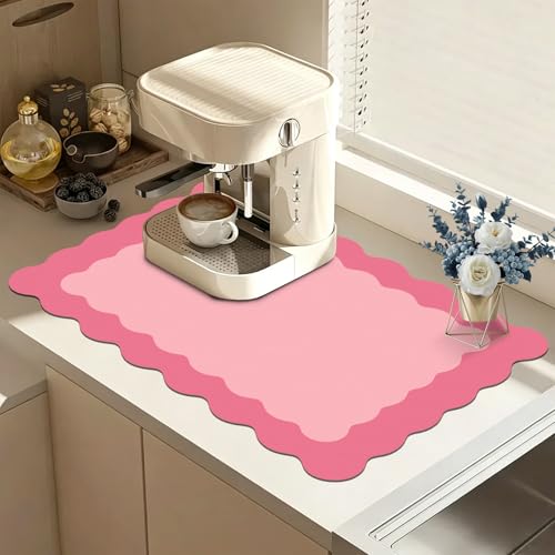 Scalloped Coffee Bar Mat for Countertop, Cute Dish Drying Mats for Kitchen Counter, Diatomite Absorbent Mat for Coffee Station, Kitchen Aesthetic Decor(12"x19", Rose Pink) - color: 001 Rose Pink, size: 19" x 12"
