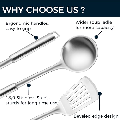 18/0 Stainless Steel Kitchen Cooking Utensil Set, Ergonomic Handle, Dishwasher Safe, Slotted Spoon, Ladle, Turner, Serving Spoon for Housewarming Daily Use Commercial, Pack of 4 - size: Cooking Utensils - 4PCs