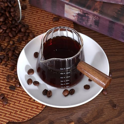 2 PCS Espresso Measuring Cup 6 Oz, Espresso Glass Cups with Wood Handle, Milk Frothing Cup, Espresso Cup for Coffee, Milk, Tea or Maple Syrup Serving - color: Clear