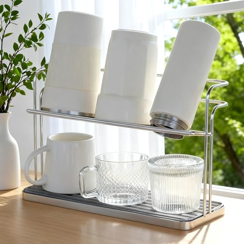 Bottle Drying Rack,Coffee Mug Holder with Drain Tray for Coffee Cup,Water Cup(Silver) - color: Silver