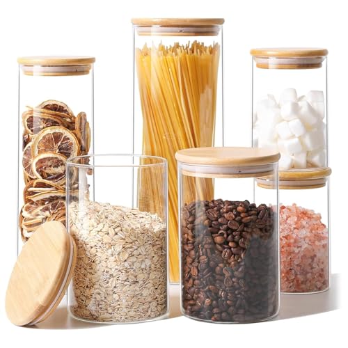 ComSaf Glass Storage Jars 6 Pack, Pasta Containers, Pantry Organization | Tall Glass Jar, Pasta Containers Storage Set of 6 (2Qt/1.1Qt/1Qt*2/0.5Qt*2), Glass Pantry Storage, Spaghetti Jar, BPA Free