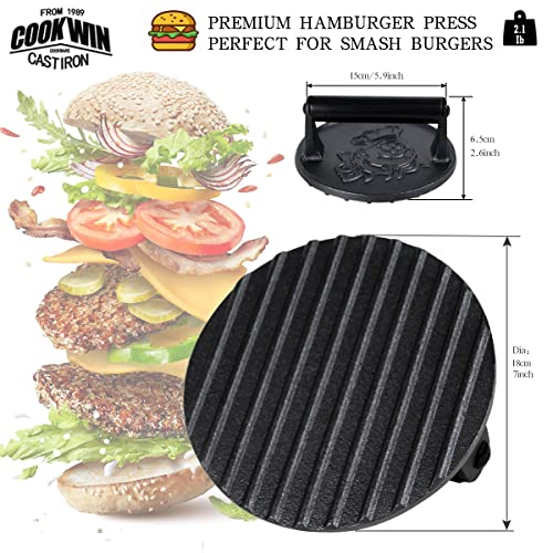 COOKWIN 7" Cast Iron Smash Burger Press Kit, Heavy-Duty Hamburger Smasher with Non-Slip Handles and 50 pcs Patty Paper, 2.1 lb Bacon Meat Weight Press for Steak, Smashburger, Grill and BBQs - color: 7 inch Black