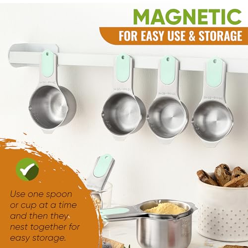 Spring Chef Magnetic Measuring Cups & Spoons Set, Patented, Strong N45 Magnets, Heavy Duty Stainless Steel Fits in Spice Jars for Baking & Cooking, BPA Free, Round Set of 15 with Leveler, Mint - color: Mint, size: Set of 15