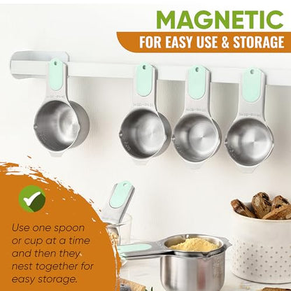 Spring Chef Magnetic Measuring Cups & Spoons Set, Patented, Strong N45 Magnets, Heavy Duty Stainless Steel Fits in Spice Jars for Baking & Cooking, BPA Free, Round Set of 15 with Leveler, Mint - color: Mint, size: Set of 15