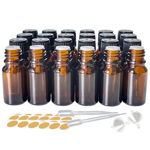 24 Pack 10ml Amber Glass Essential Oils Bottles Empty Glass Dropper Vials Sample Bottle With Orifice Reducer and lid,for Aromatherapy Oils (Amber, 10ml) - color: Amber