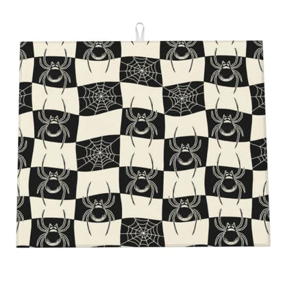 Spiders Spiderwebs Checkerboard Dish Drying Mats for Kitchen Counter, Super Absorbent Microfiber Drainer Pad, Washable Reversible Appliance Protector, Everyday Kitchen Must-Have, 16x18 Inch - color: Spiders Spiderwebs Checkerboard