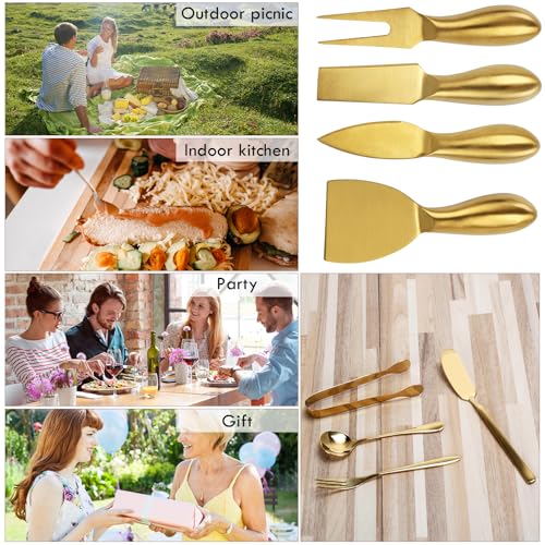 18 pieces Charcuterie Board Accessories, Gold Stainless Steel Cheese Knives, Butter Knife Spreader, Appetizer Forks, Mini Serving Tongs Spoons for Gathering Wedding Birthday... - color: Gold