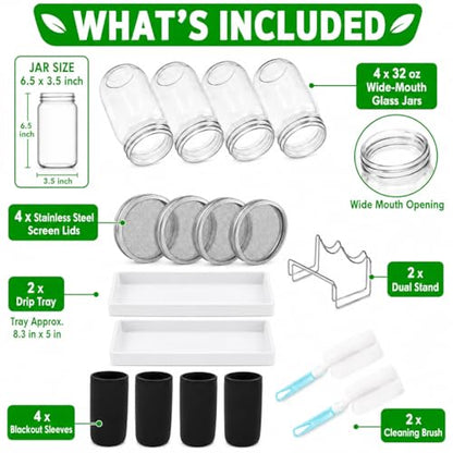 4 Pack Seed Jar Sprouter Kit - Wide Mouth 32oz Mason Jars with Stainless Steel Screen Lids - Blackout Sleeves for Mung Bean & Alfalfa - Complete Sprouting Jar Set with Stand & Drip Tray