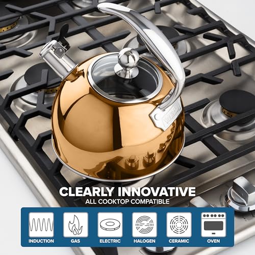 Viking 3-Ply Stainless Steel Tea Kettle, 2.6 Quart Stovetop Hot Water Pot with Tempered Glass Lid, Ergonomic Handle, Induction Ready, Rose Gold - color: Rose Gold