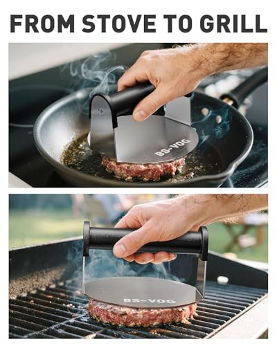 BS-VOG Burger Press, 6" Stainless Steel Burger Smasher for Griddle, Nonstick Round Hamburger Smasher Tool for Cooking Bacon, Patty, Ground Beef, Meats, Dishwasher Safe, Christmas Gift Package for Men
