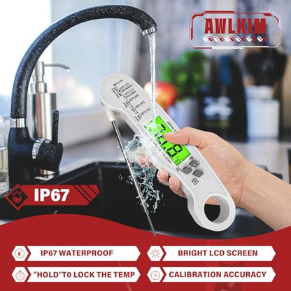 AWLKIM Meat Thermometer Digital, Instant Read Thermometer, White | Food thermometer for grill, BBQ, candy, oil and baking; backlit display, foldable probe and magnetic storage. - color: White