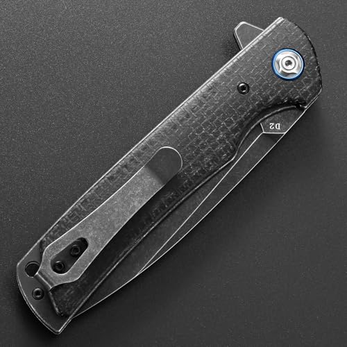 Eafengrow EF973 Folding Knife, D2 Steel Blade Micarta Handle Scale Pocket Knife Folder for Working Camping Hiking EDC Tool Knife(black) - color: black