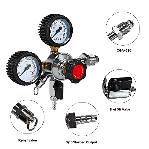 LUCKEG CGA580 Nitrogen Beer Regulator Dual Gauge Gas Air Pressure Regulator with 0-100 PSI Delivery Pressure Premium Double Gauge Nitrogen Keg Regulator with 5ft Gas Line and Free Worm Clamps