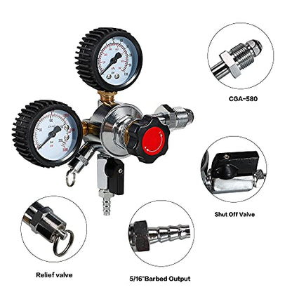 LUCKEG CGA580 Nitrogen Beer Regulator Dual Gauge Gas Air Pressure Regulator with 0-100 PSI Delivery Pressure Premium Double Gauge Nitrogen Keg Regulator with 5ft Gas Line and Free Worm Clamps