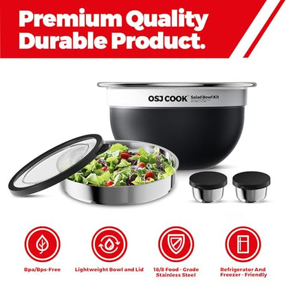 74oz Salad Bowl Kit with Lid & Tray, Scratch-Resistant 18/8 Stainless Steel Salad Bowls To Go For Lunch, Large Leak-Proof Container with 2 Condiment Canisters, Black - color: Black