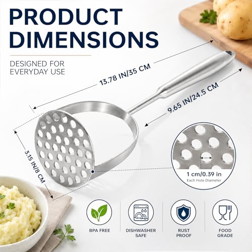 304 Stainless Steel Potato Masher – Heavy-Duty [Rustproof, Heat Resistance, Integral Forming] Dishwasher Safe Masher for Smooth & Fluffy Mashed Potatoes, Avocados – Sturdy, Durable Design - size: Potato Masher