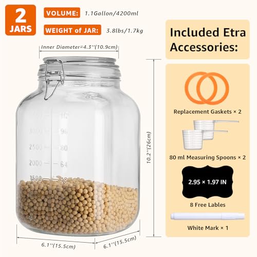 2 Pack 1.1 Gallon Square Super Wide Mouth, Airtight Glass Storage Jars, with Measurement Marks, Leak-Proof Lids for Kitchen Pantry, Canning, Dry Food (Flour, Sugar) & Drinks - size: Wide Mouth Set of 2