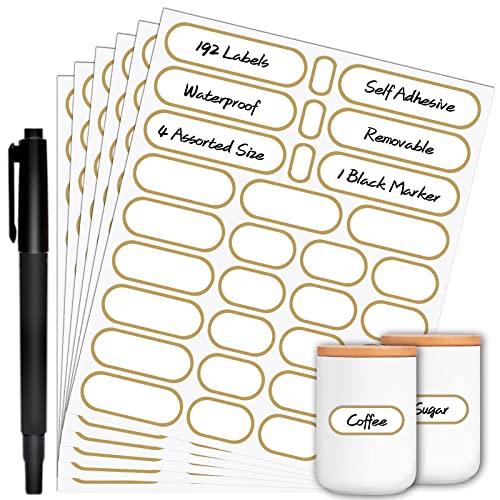 192pcs Labels for Jars with Marker,Waterproof Bottle Labels Removable Write-On Kitchen Pantry Label Stickers with Gold Border in 4 Sizes for Spice Jars,Food Containers,Storage Bins,Daycare - color: Gold(192 Pack)