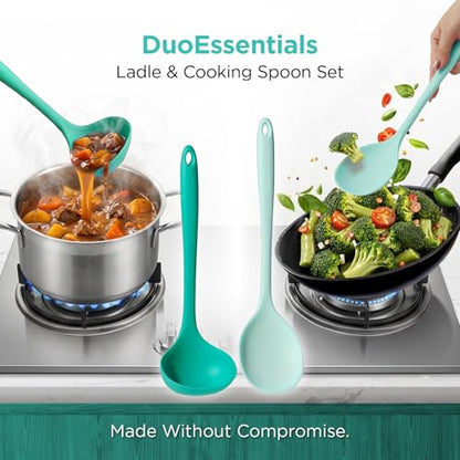 Kitchen Mama DuoEssentials Ladle & Cooking Spoon Set, Teal | Silicone, Heat Resistant, One-Piece Design, For Nonstick Cookware, For Soup, Stirring, Serving & Sauteing - color: Teal