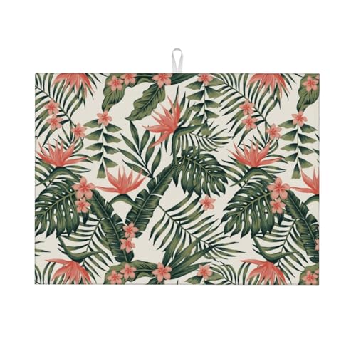 Tropical Green Palms Leaf Dish Drying Mat Pink Flower Hawaii Watercolor Floral Drying Rack Pad Countertop Dishes Ultra Absorbent Microfiber Kitchen Counter Mat 18x24 Inch - color: Green
