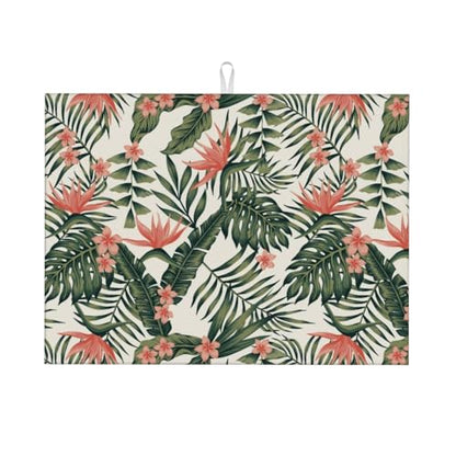 Tropical Green Palms Leaf Dish Drying Mat Pink Flower Hawaii Watercolor Floral Drying Rack Pad Countertop Dishes Ultra Absorbent Microfiber Kitchen Counter Mat 18x24 Inch - color: Green