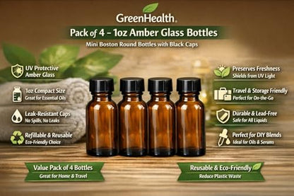 GreenHealth Pack of 4-1oz Amber Glass Bottles for Essential Oils - Mini Boston Round Bottles with Lids - Black Plastic Cap