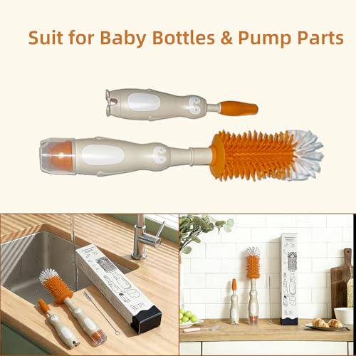 Silicone Cleaning Brush Kit with Soap-Dispensing Handle – 5-in-1 Bottle & Crevice Cleaning Brushes, Food-Grade Silicone, Rust-Free, Dishwasher Safe (Blush) - color: Orange