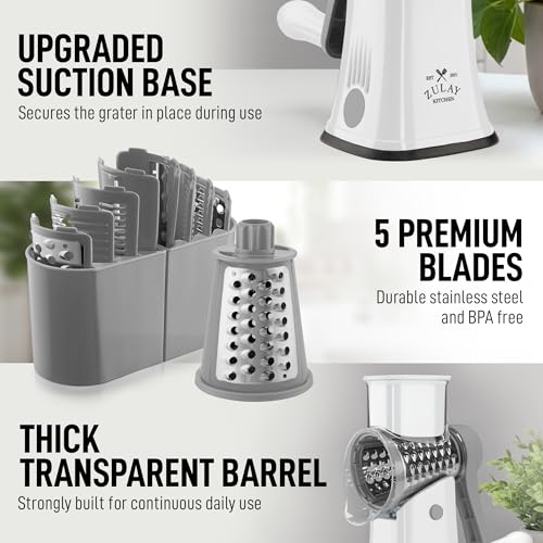 Zulay Kitchen Rotary Cheese Grater 5 Blade Cheese Shredder - Manual Hand Crank Cheese Grater With Reinforced Suction & 5 Interchangeable Drums - Easy to Use, Vegetable Chopper Round Mandoline Slicer - color: Gray and White