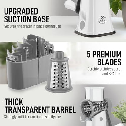 Zulay Kitchen Rotary Cheese Grater 5 Blade Cheese Shredder - Manual Hand Crank Cheese Grater With Reinforced Suction & 5 Interchangeable Drums - Easy to Use, Vegetable Chopper Round Mandoline Slicer - color: Gray and White