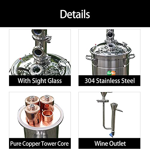 YUEWO 110V Electric 304 Stainless Steel Alcohol Distiller Flute Reflux Column Still with Sight Glasses Wine Making Kit for DIY Whisky Wine Brandy Gin - size: 65Liters/17Gal
